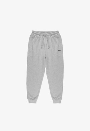 Szare dresy wykonane z miękkiej bawełny, z elastycznym paskiem w talii z sznurkiem, mankietami u kostek oraz małym logo po lewej stronie.