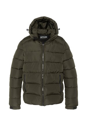 Dunkelgrüne wattierte Winterjacke mit Kapuze, Frontreißverschluss, zwei seitlichen Reißverschlusstaschen und verstellbaren Handgelenksriemen.