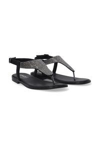 Sorte flade sandaler med V-formet rem udsmykket med sølv rhinesten, en tårem-design og en justerbar ankelrem.