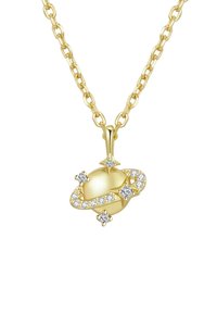 Gold chain necklace featuring a planet pendant with sparkling rhinestones and star accents, creating a celestial design. Smooth texture.