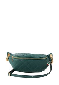 Groene, gewatteerde leren tas met gouden ritsen en kettingaccenten. Ovale vorm met een afneembare strap en een klein detail van de Italiaanse vlag.