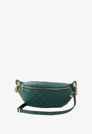 Groene, gewatteerde leren tas met gouden ritsen en kettingaccenten. Ovale vorm met een afneembare strap en een klein detail van de Italiaanse vlag.