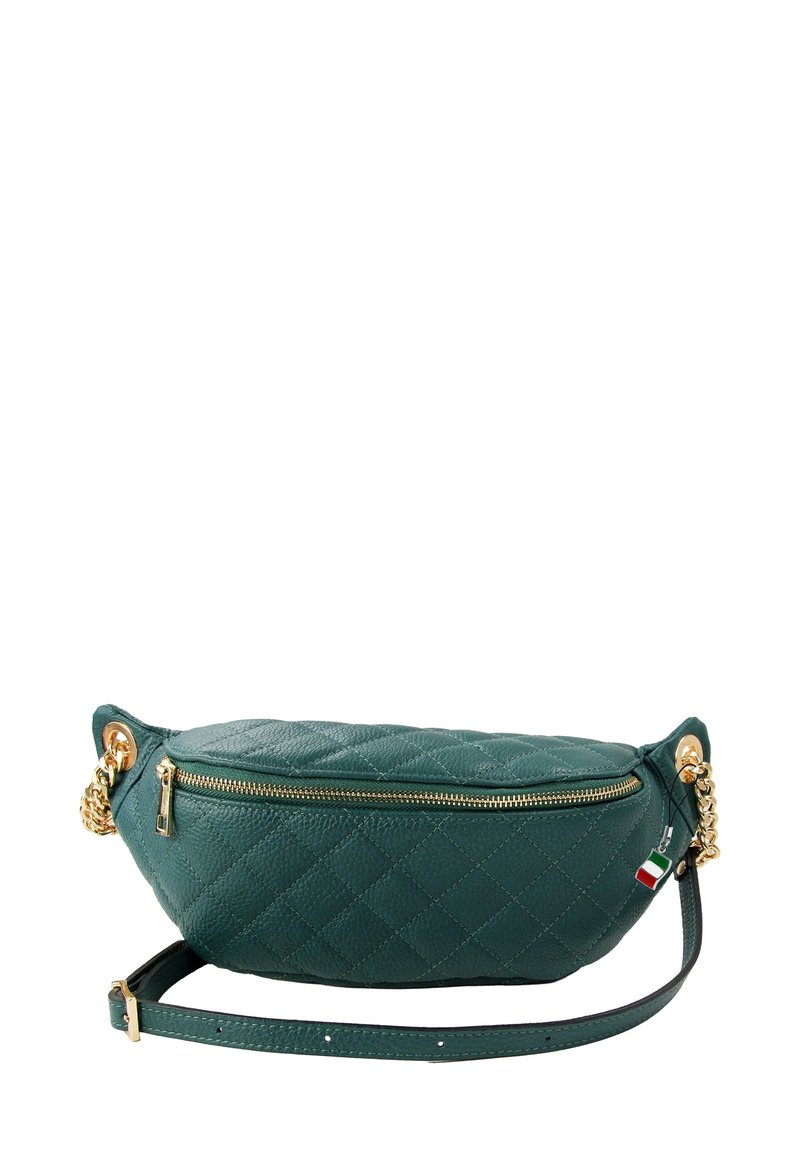 Groene, gewatteerde leren tas met gouden ritsen en kettingaccenten. Ovale vorm met een afneembare strap en een klein detail van de Italiaanse vlag.