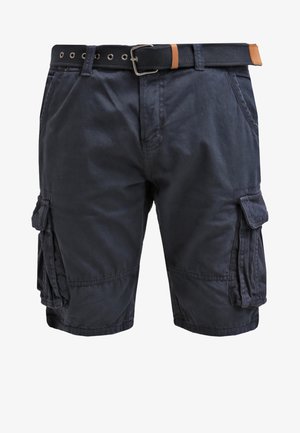 Granatowe szorty cargo wykonane z bawełny, z wieloma bocznymi kieszeniami, paskiem z jasnobrązowym akcentem oraz luźnym krojem o gładkiej fakturze.