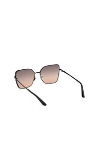 Black, hexagonal sunglasses with gradient brown lenses. Slim metal frame and arms, featuring subtle branding on the side.