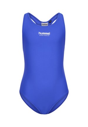 Blauer Badeanzug aus glattem Stoff. Mit rundem Ausschnitt, Racerback-Design und weißem Logo auf der Brust.