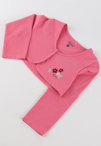 Rosa langärmliges Crop-Top aus Baumwolle, mit Knopfverschluss und floraler Stickerei auf der Vorderseite. Weicher Stoff, lässige Passform.