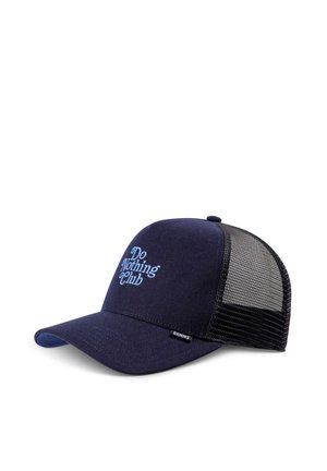 Navy blue baseball cap with a solid front and mesh back. Features embroidered "Do Nothing Club" in light blue. Flat brim design.