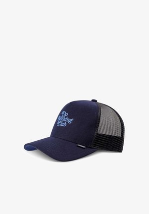 Navy blue baseball cap with a solid front and mesh back. Features embroidered "Do Nothing Club" in light blue. Flat brim design.