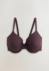 Soutien-gorge rembourré violet foncé avec bretelles réglables, bonnets moulés lisses et armatures, sur fond blanc.