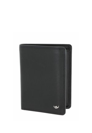 Portefeuille noir en cuir bifold avec de discrètes coutures et un petit emblème argenté en bas à droite, présenté partiellement ouvert sur fond blanc.