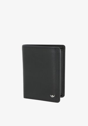 Portefeuille noir en cuir bifold avec de discrètes coutures et un petit emblème argenté en bas à droite, présenté partiellement ouvert sur fond blanc.