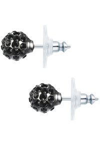 Pendientes adornados con estrás negros, con un diseño esférico, base de metal y cierre de plástico transparente. Miden aproximadamente 1 pulgada.