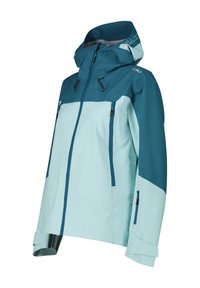 Vandtæt jakke med et tofarvet design i teal og lyseblå. Inkluderer hætte, lynlåslommer og justerbare manchetter.