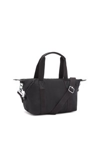 Black fabric bag with dual handles and a detachable shoulder strap. Features zippers, triangular stitches, and a sleek, compact design.