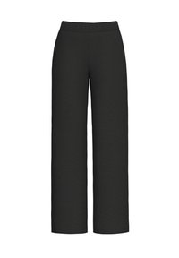 Pantalon large noir en tissu texturé, avec une taille élastique. La coupe est décontractée, idéale pour une tenue informelle.