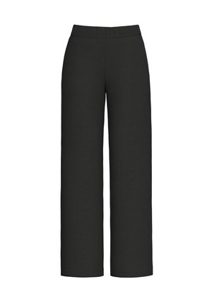 Pantalon large noir en tissu texturé, avec une taille élastique. La coupe est décontractée, idéale pour une tenue informelle.