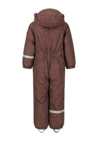 Brun isoleret snesuite med et spættet mønster, elastisk talje, hætte og reflekterende striber på ærmerne og benene. Fleece-foring for varme.
