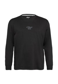 Zwarte langlopende t-shirt van katoen met een ronde hals. Bevat kleine blauwe borduursels op de borst en geribbelde manchetten.
