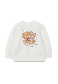 Witte sweatshirt met daarop twee cartoon teddyberen met kleurrijke strikken. Inclusief gathers op de mouwen en een ronde halslijn.