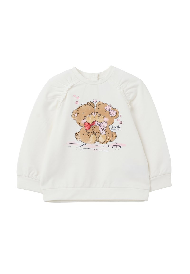 Witte sweatshirt met daarop twee cartoon teddyberen met kleurrijke strikken. Inclusief gathers op de mouwen en een ronde halslijn.