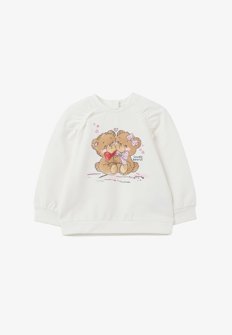 Sweatshirt blanc arborant deux ours en peluche dessinés avec des nœuds colorés. Comprend des manches froncées et uncol rond.