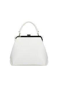 Borsa a mano in pelle bianca con forma strutturata, telaio in metallo e manico corto. Presenta una finitura testurizzata e una base arrotondata.