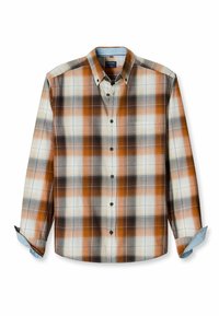 Langärmliges Hemd mit orange, braun und weißem Karomuster, mit geknüpften Kragen und Brusttasche, die Ärmel teilweise hochgekrempelt.