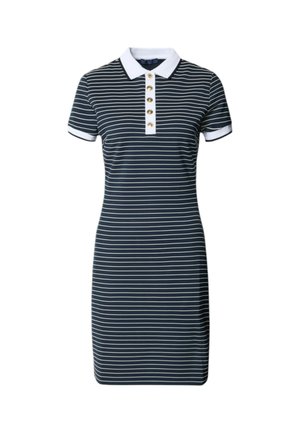 Robe courte à manches courtes bleu marine avec des rayures horizontales blanches, un col blanc, des poignets blancs et une patte de boutonnage avec cinq boutons dorés.