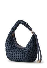 Woven navy handbag with a rounded shape, detailed texture, sturdy shoulder strap, gold hardware accents, and a zippered compartment.