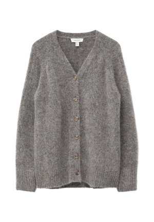 Grauer, flauschiger Cardigan mit V-Ausschnitt, der über sechs Knöpfe vorne verfügt und gerippte Bündchen sowie einen gerippten Saum hat. Weiche Strickstruktur.