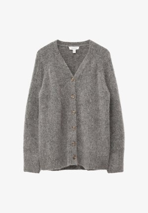 Grauer, flauschiger Cardigan mit V-Ausschnitt, der über sechs Knöpfe vorne verfügt und gerippte Bündchen sowie einen gerippten Saum hat. Weiche Strickstruktur.