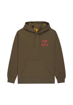Olive green cotton hoodie featuring a kangaroo pocket and a drawstring hood. Front has "RIDE THE RAILS" text in red embroidery.