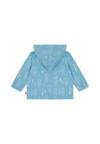 Hellblaues Kinderjacke mit Kapuze, versehen mit einem Muster aus weißen Seepferdchen und Blasen. Lange Ärmel mit geradem Schnitt und ohne Verschlüsse.