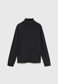 Temno siva pulover s turtleneck ovratnikom in dolgimi rokavi, z rebrastim ovratnikom in sproščenim krojem. Mehak material z gladkim koncem.