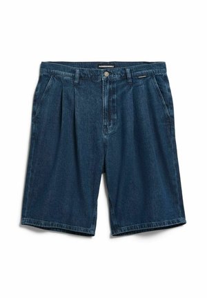 Dark blue denim shorts with front pleats, side pockets, belt loops, and a metal button closure at the waist.