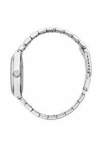 Orologio in metallo argentato con cassa rettangolare, bracciale a maglie e corona rotonda. Texture liscia, finitura lucida e chiusura regolabile.