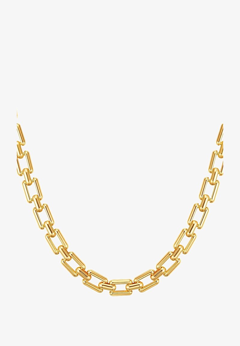 Guld halskæde med aflange ovale led med en glat, reflekterende finish. Ingen yderligere accenter eller mønstre.