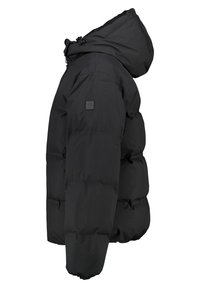 Black puffer jacket with a hood, featuring a quilted design, soft texture, and a logo patch on the left arm. Zippered closure.