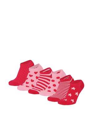 Six pairs of ankle socks in red and pink with patterns including hearts, stripes, polka dots, stars, and small dots, arranged side by side.