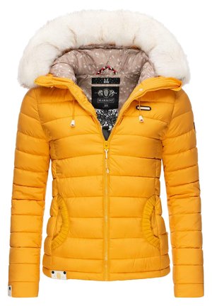 Yellow puffer jacket with a faux fur-lined hood, quilted design, zip front, and side pockets featuring a ribbed trim and branded label.