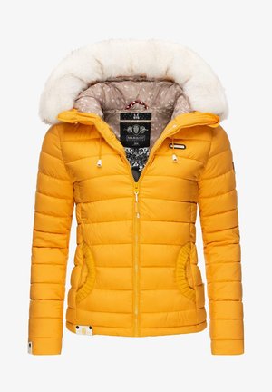 Giacca a vento gialla con cappuccio foderato in pelliccia sintetica, design trapuntato, chiusura con zip e tasche laterali con bordi a coste e etichetta del marchio.