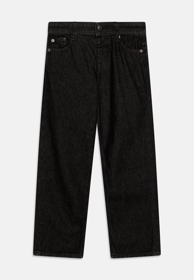 Črne jeans hlače z ohlapnim krojem, ki vključujejo pet žepov, zapiranje na gumbe in zadrgo ter diskretne šive.