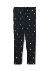 Leggings azul marino con cintura elástica, que presentan un patrón repetido de pequeñas figuras coloridas en varias poses. Textura de tela suave.