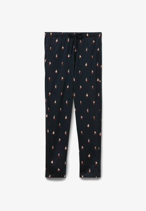 Middendonkblauwe tights met een elastische tailleband, voorzien van een herhaald patroon van kleine, kleurrijke figuren in verschillende poses. Zachte stoftextuur.