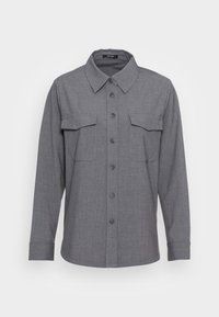 Grå knapp-up skjorta med spridd krage, två bröstfickor och långärmade ärmar med knappmanschetter. Strukturerad tyg med ett subtilt mönster.