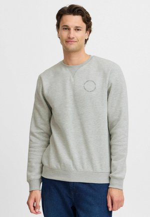 Light gray sweatshirt with round neck and ribbed cuffs. Features a logo in dark gray on the chest. Soft fabric with a casual fit.