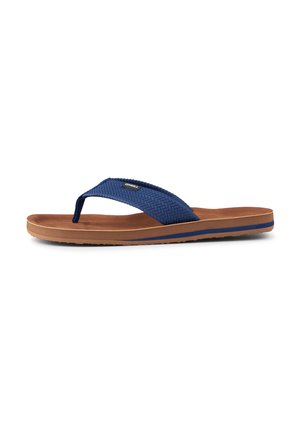 Brown sole flip-flop sandal with a textured blue fabric thong strap and a thin blue stripe along the side of the sole.