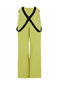 Pantaloni a gamba larga giallo-verdi con bretelle nere regolabili, dotati di due tasche posteriori e un tessuto liscio e testurizzato.