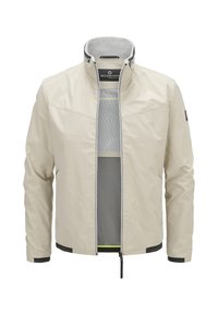 Hellbeige Jacke mit hohem Kragen, Frontreißverschluss und Netzfutter. Verfügt über schwarze Akzente und ein Logo auf der Brust.